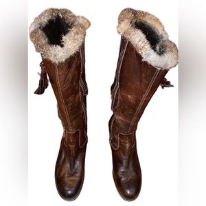 Nine West Leather Fur Brown Wedge Boots Sz 8.5